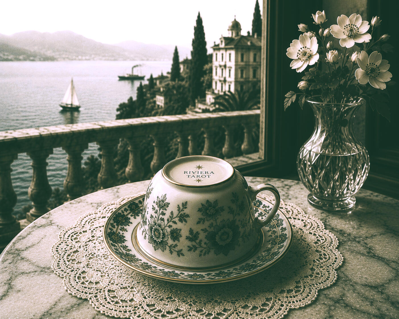 cafédomancie Tasse Riviera Tarot devant une fenêtre ouverte sur la Méditerranée, accompagnée d’un bouquet de fleurs.